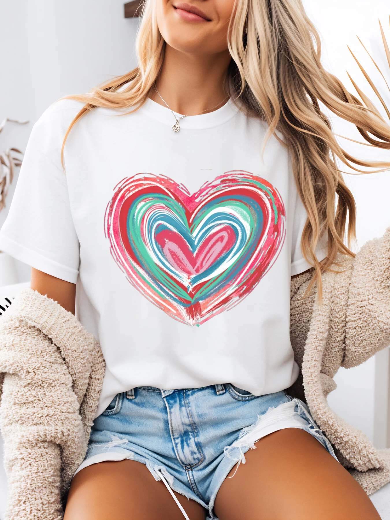 Heart Print Valentine t Shirt Women Casual Outfit for Date Night White Plus-Size