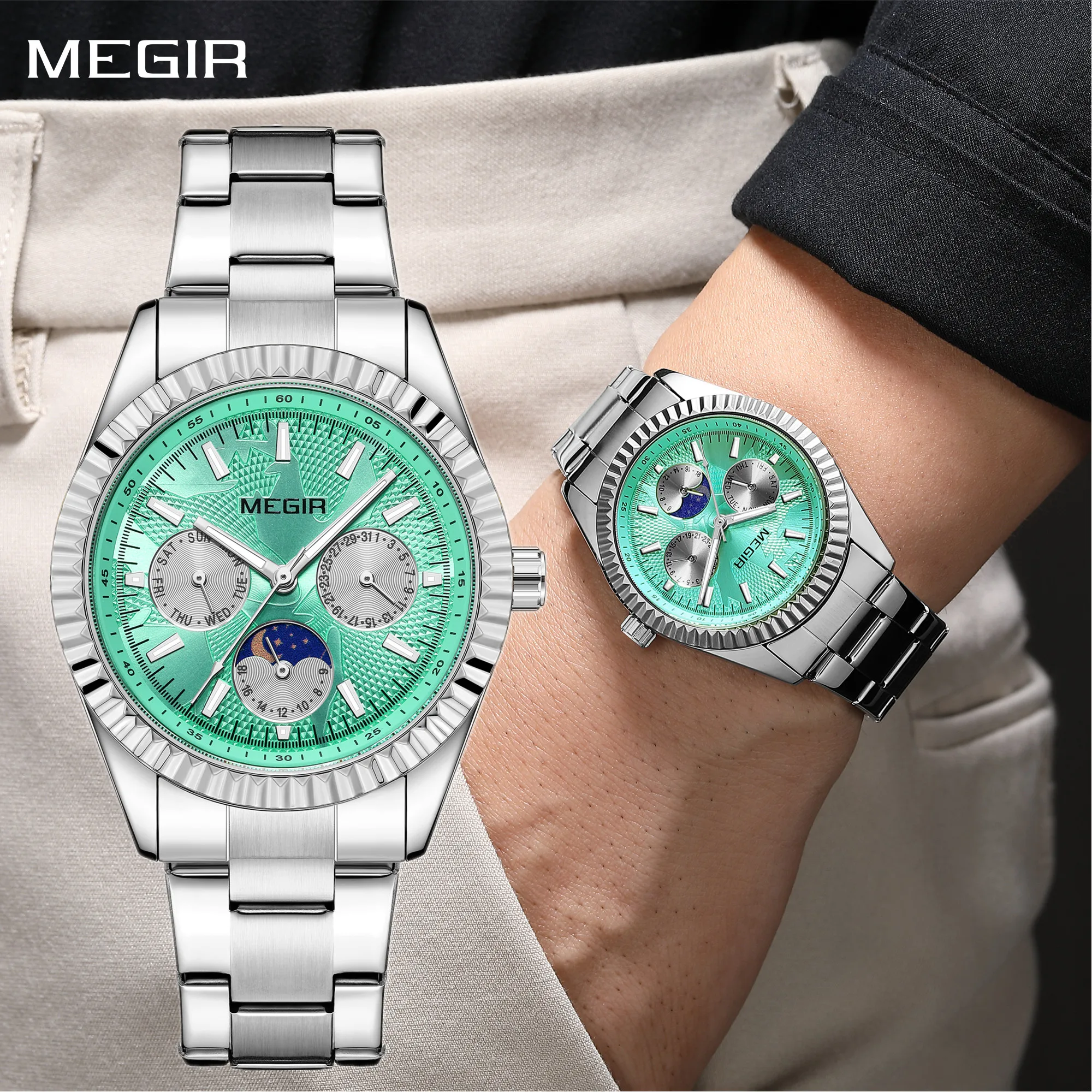 MEGIR Luxury Quartz Sports Watches for Men Stainless Steel Bracelet Simple Waterproof Man's Wrist Watch Auto Date Business Clock