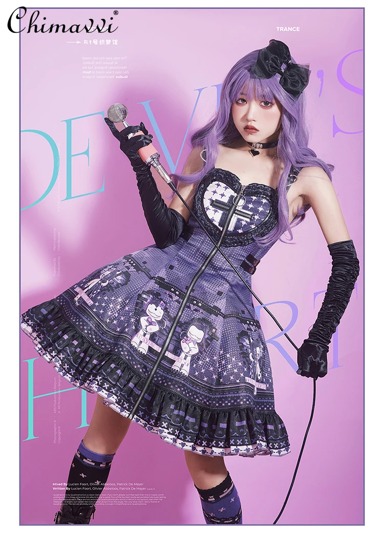 Original Lolita JSK Dress Spring Autumn Gothic Cool Dark Girls Black Purple Cartoon Printed Short Suspender Dress for Women