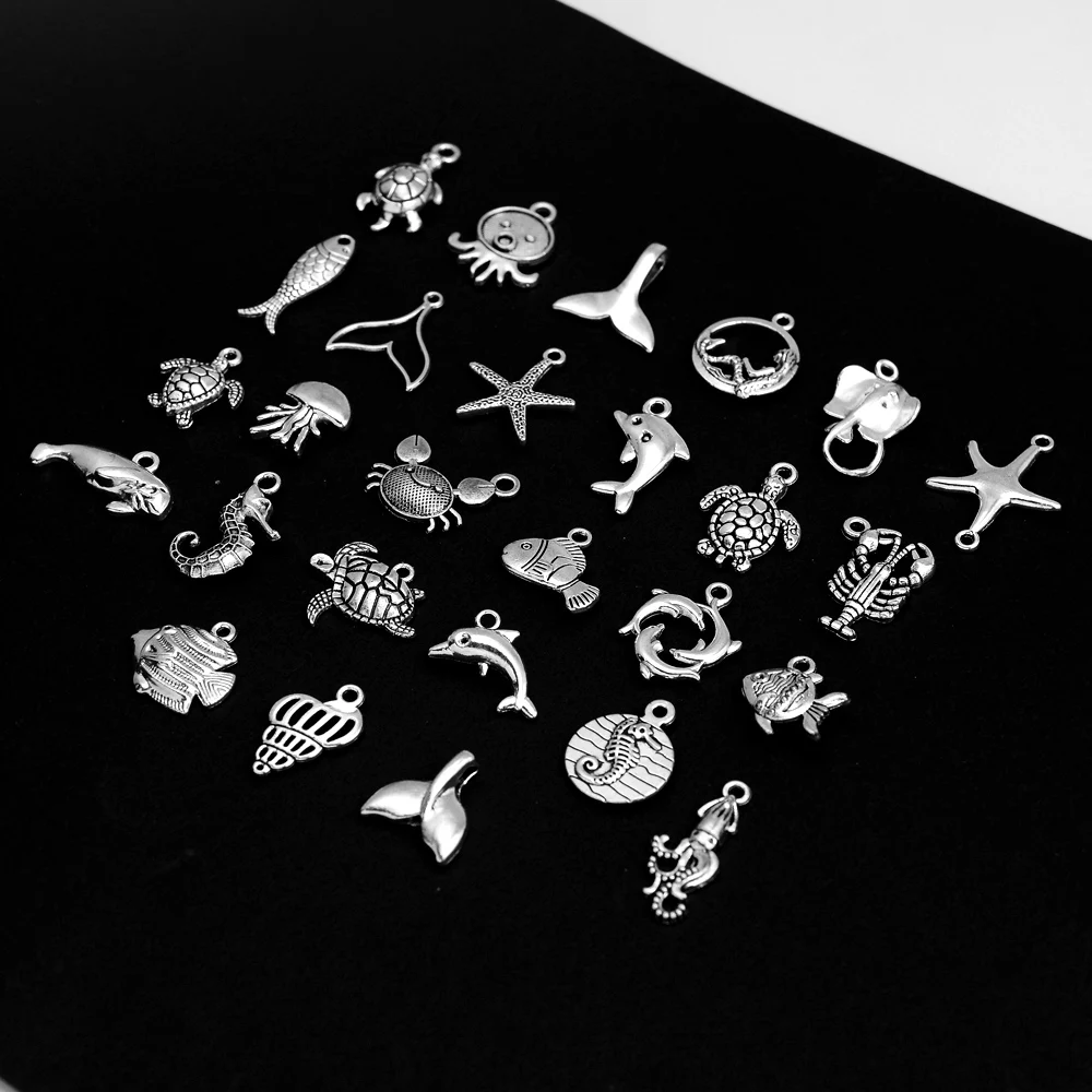 30pcs 27 Style Whale Mermaid Tail Hippocampus Starfish Turtle Charms Ocean Marine Pendants For DIY Jewelry Making Accessories