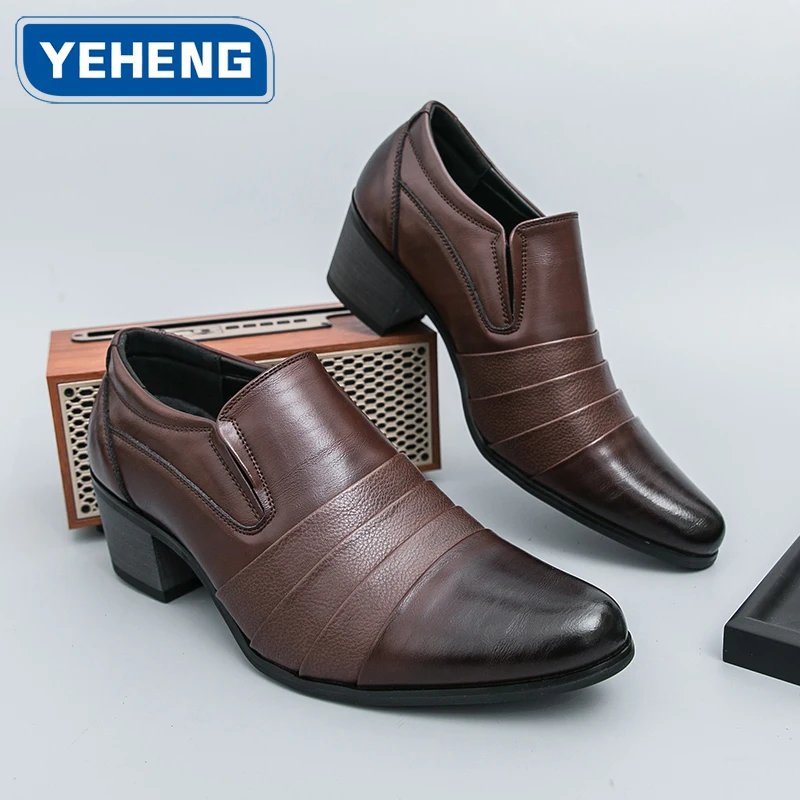 Leather Men Dress Shoes High Heel British Mens Elevator Business Shoes Wedding Party Male Oxford Footwear Increasing Loafers