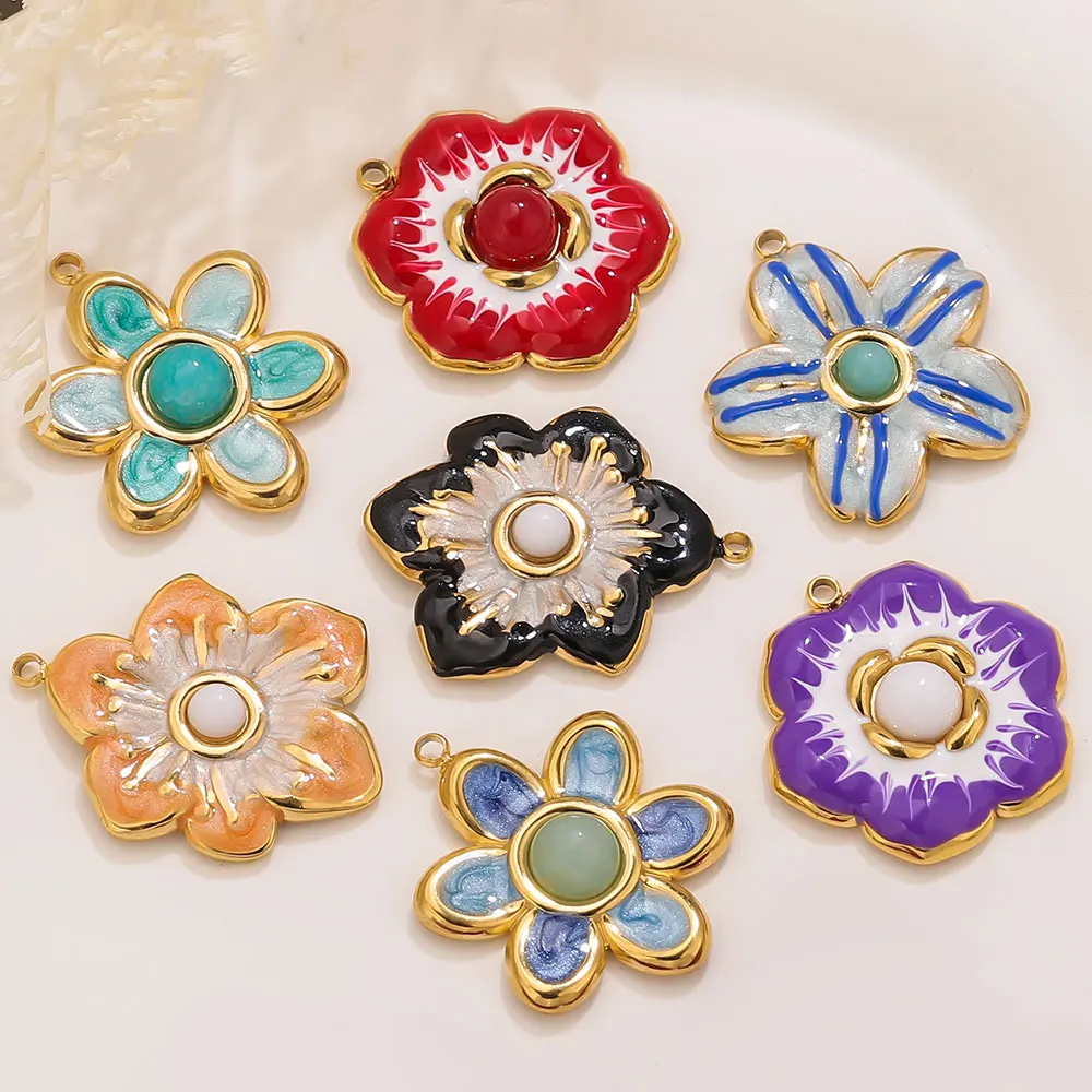 

2PCS Enamel Flower Stainless Steel Charms 18K Gold Plated Pendant Accessories DIY Women's Jewelry Necklace Earrings Wholesale