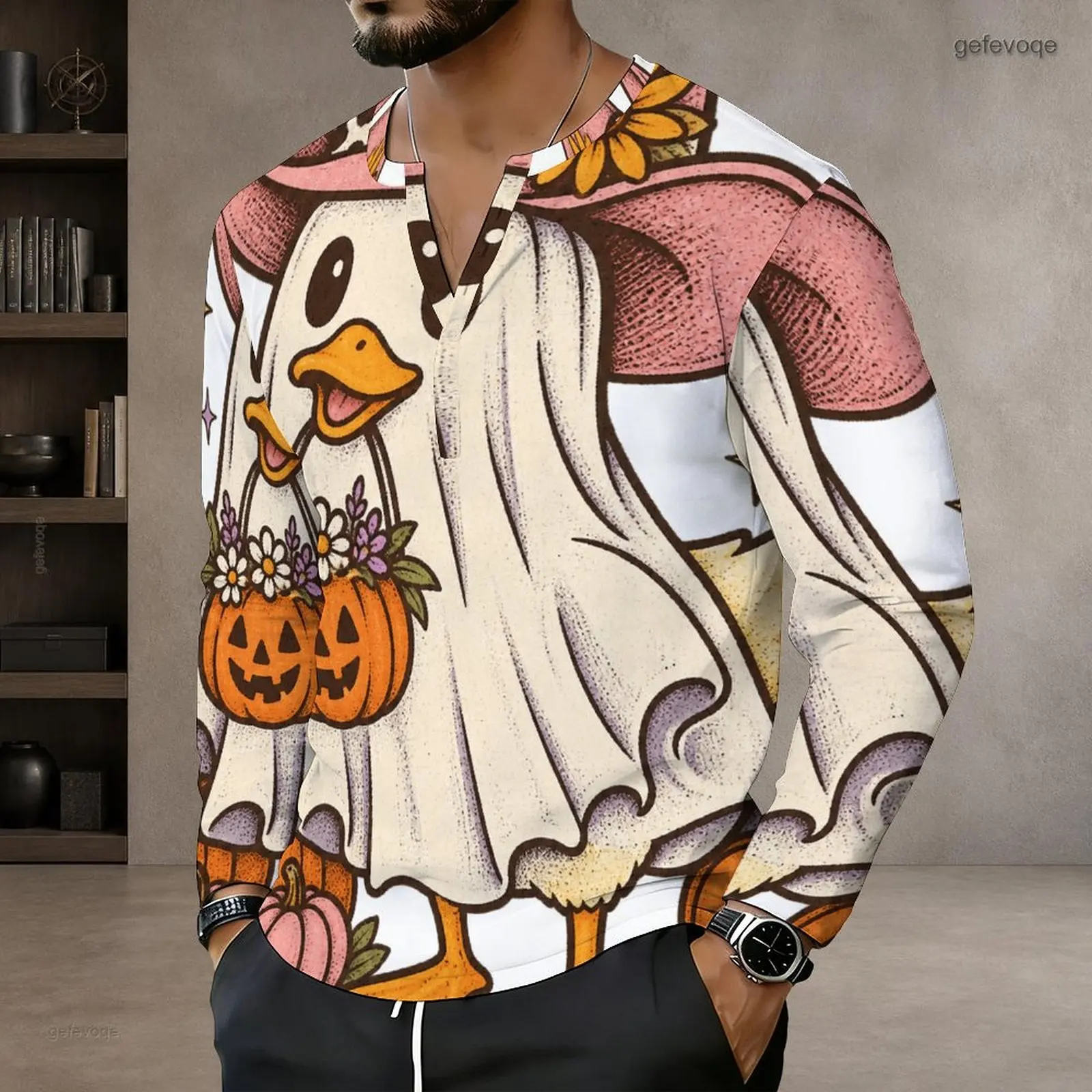 Men Notch Neck Long Sleeve Pullover Straight Hem Printed Top