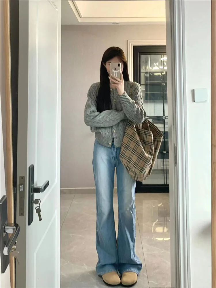 

Ретро-джинсы американского стиля светло-голубого цвета с низкой посадкой, расклешенные, женские, весна-осень, удлиненные, стройнящие, в пол