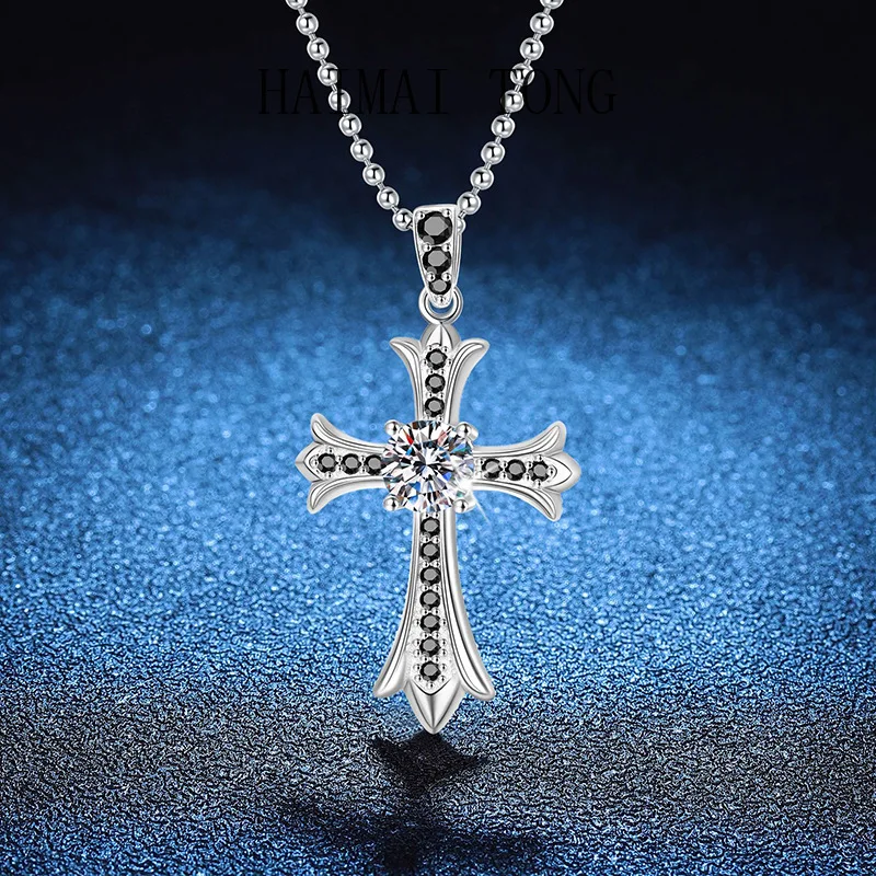 

HAIMAITONG PT950 Moissanite Necklace Crowe Heart Hip Hop Full Cross Necklace Pendant D Color Moissanite Necklace Wholesale