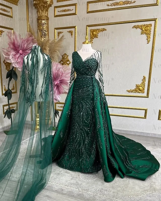 Saudi-Arabien Grüner Überrock Meerjungfrau Perlen Abendkleider Formelle Anlässe Muslimische Hochzeit Nach Party Kleider Maßgeschneidert