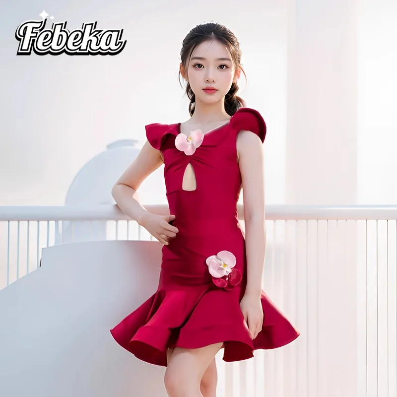 Aangepaste Latin dansjurk Oefenjurk voor kinderen Prestatie-outfit voor meisjes Lijnpak Ballroom Standaard 2 stuks