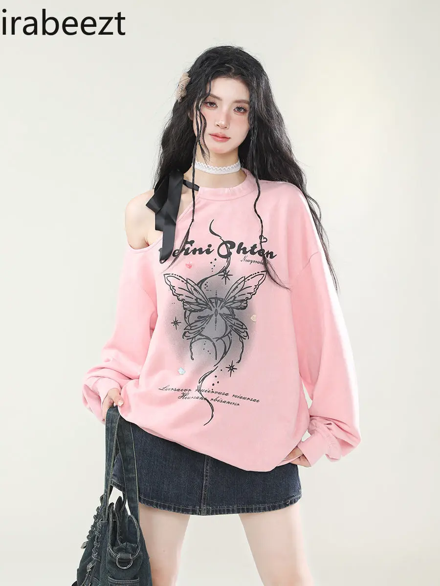 American Lazy Chic Butterfly Print Hoodie Women Spring and Autumn Design Sense Off-the-shoulder Strap Oversize Top