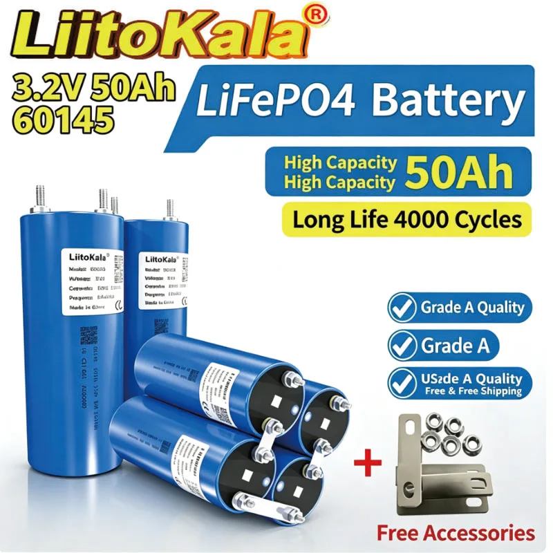 LiitoKala 3.2V 50Ah LiFePO4 Battery 60145 3C Phosphate Cell for 4S 8S 12V 24V 36V 48V Golf Cart Motorcycle Car Motor Modificatio
