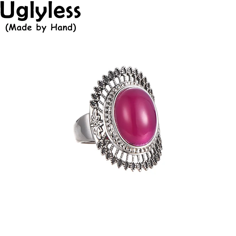 

Uglyless Ancient Tribal Style Feather Rings for Women Exaggerated Wide Exotic Jewelry Synthetic Corundum Unusual Ring 925 Silver