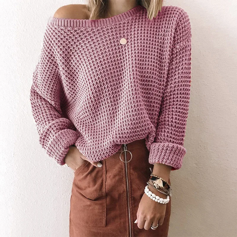 Commuter Solid Color Loose Diagonal Collar Long Sleeve Knit Top Joker Elegant Temperament Pullover Woman