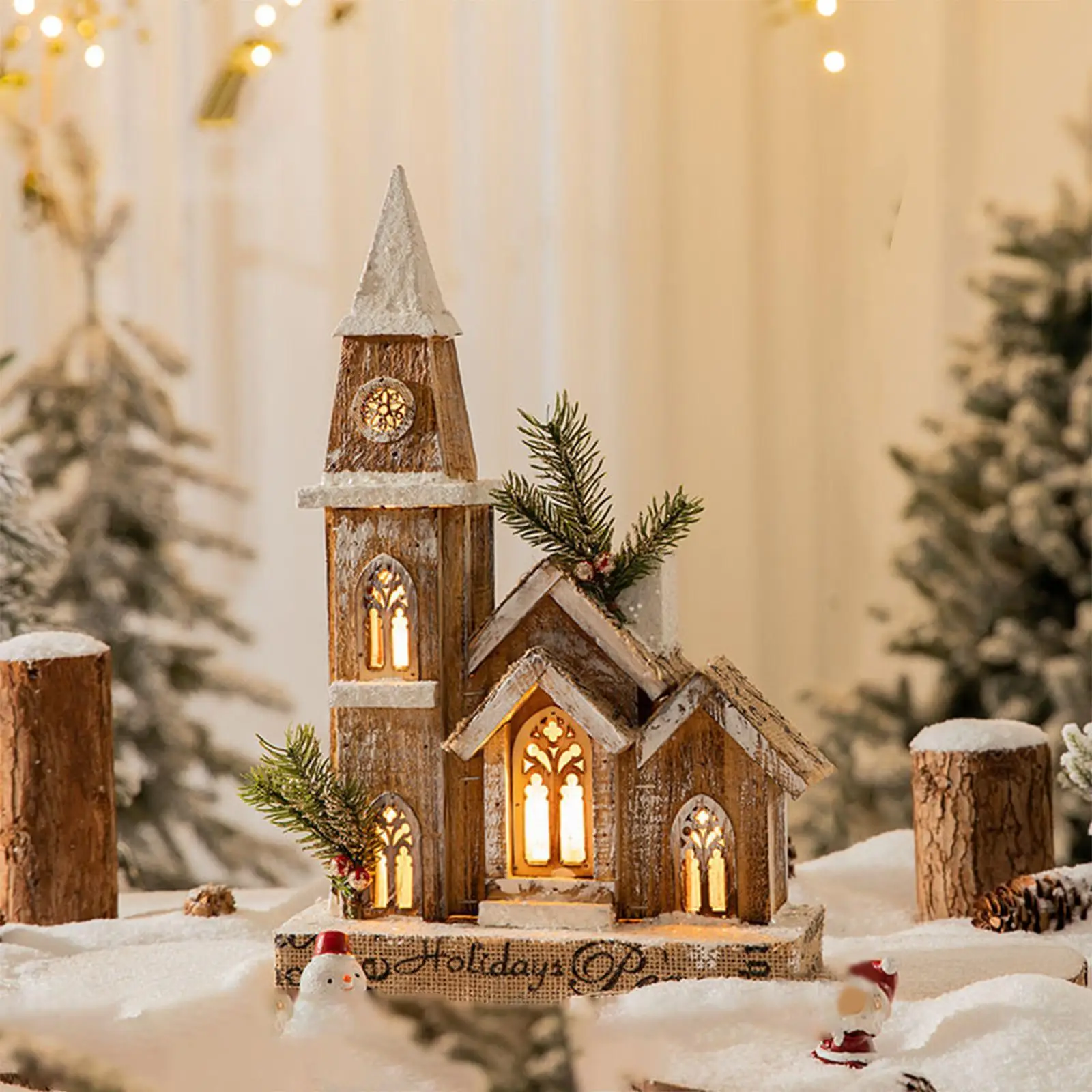 

Wooden Christmas Church House Villa with Light for Home or Garden Decor