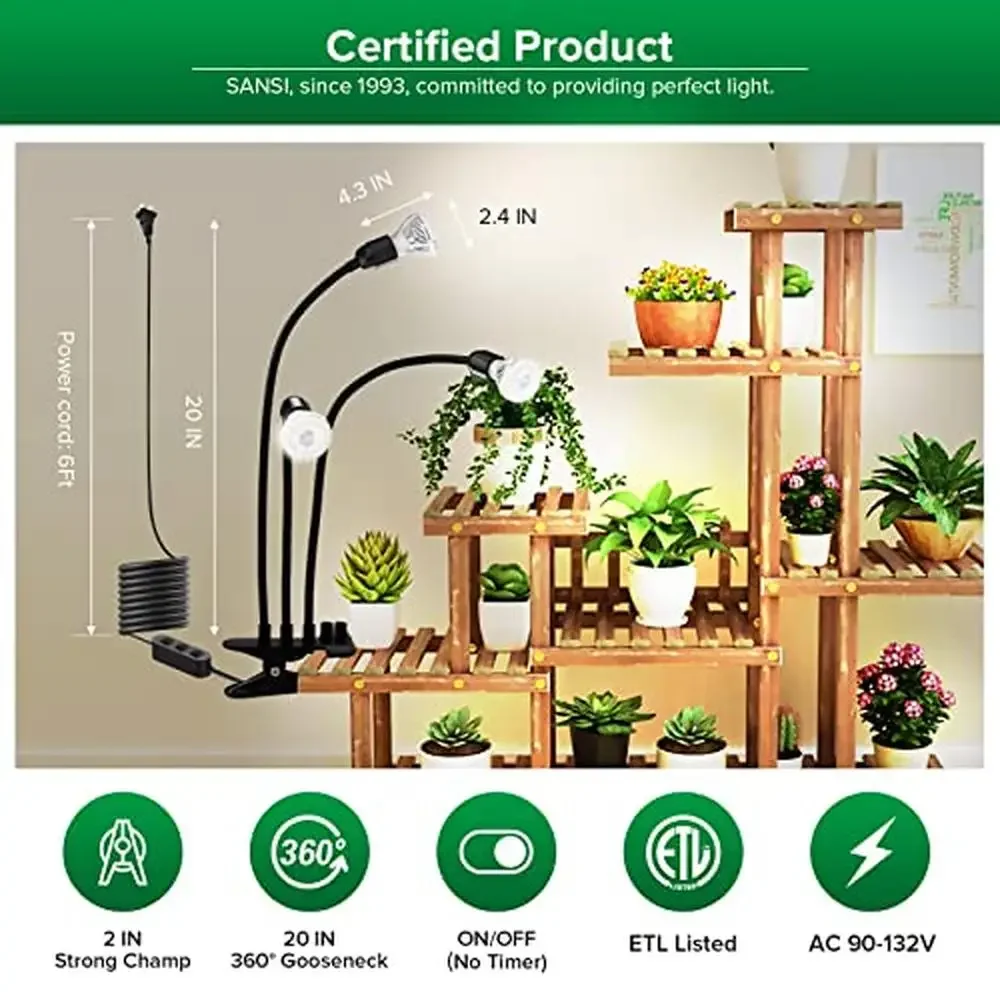 Indoor Plants Grow Lamp 450W Full Spectrum 3-Head 360° Gooseneck Ceramic Tech LED Light Clip-on High PPFD Replaceable Bulbs 30W