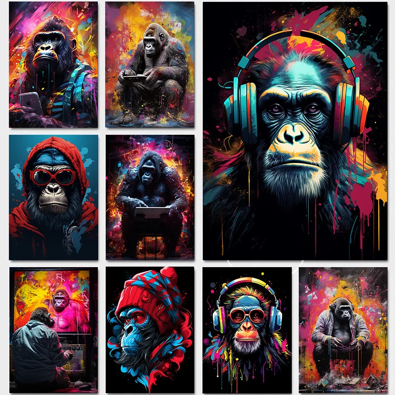 1pcs Canvas Painting Abstract Art Black Background Orangutan Wearing Headphones and Clothes and Hat Luxury Home Decor Poster