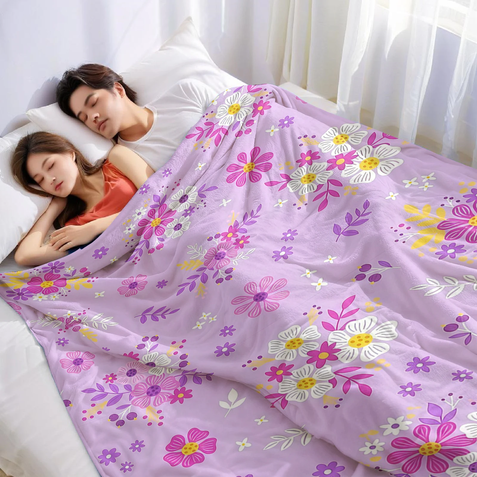 Lilac Mixed Floral Lightweight Microfiber Soft Christmas Fleece Blanket Warm Cozy Throw for Bed Sofa Office Travel All Season