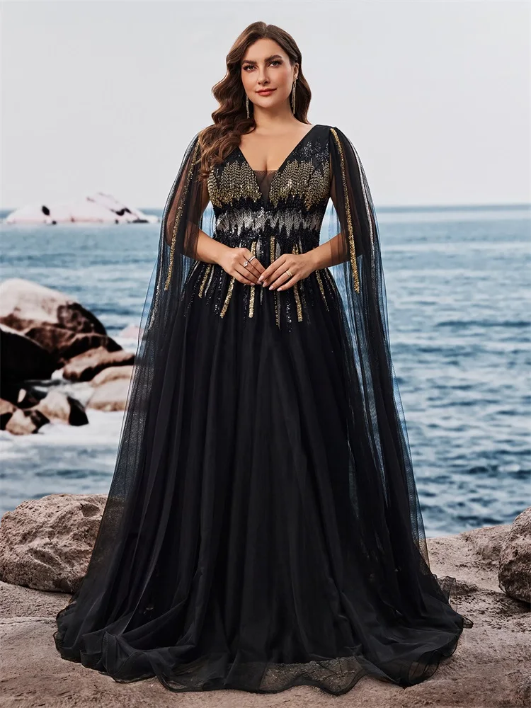 XUIBOL Luxury Floor-standing sleeves Sequins Evening Dresses Women V-neck Formal Wedding Party Cocktail Gowns Vestidos