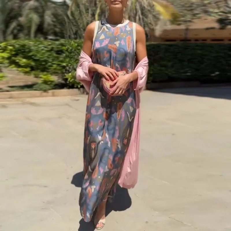 Set da 2 pezzi Boho con stampa etnica retrò per donna, abito lungo senza maniche con scollo a O e cardigan lungo, abiti da vacanza primaverili autunnali