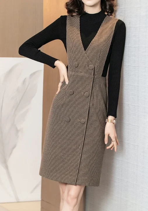 Woolen Vest Woolen Dress, Medium Length V-neck Sleeveless OL Shoulder Strap Dress