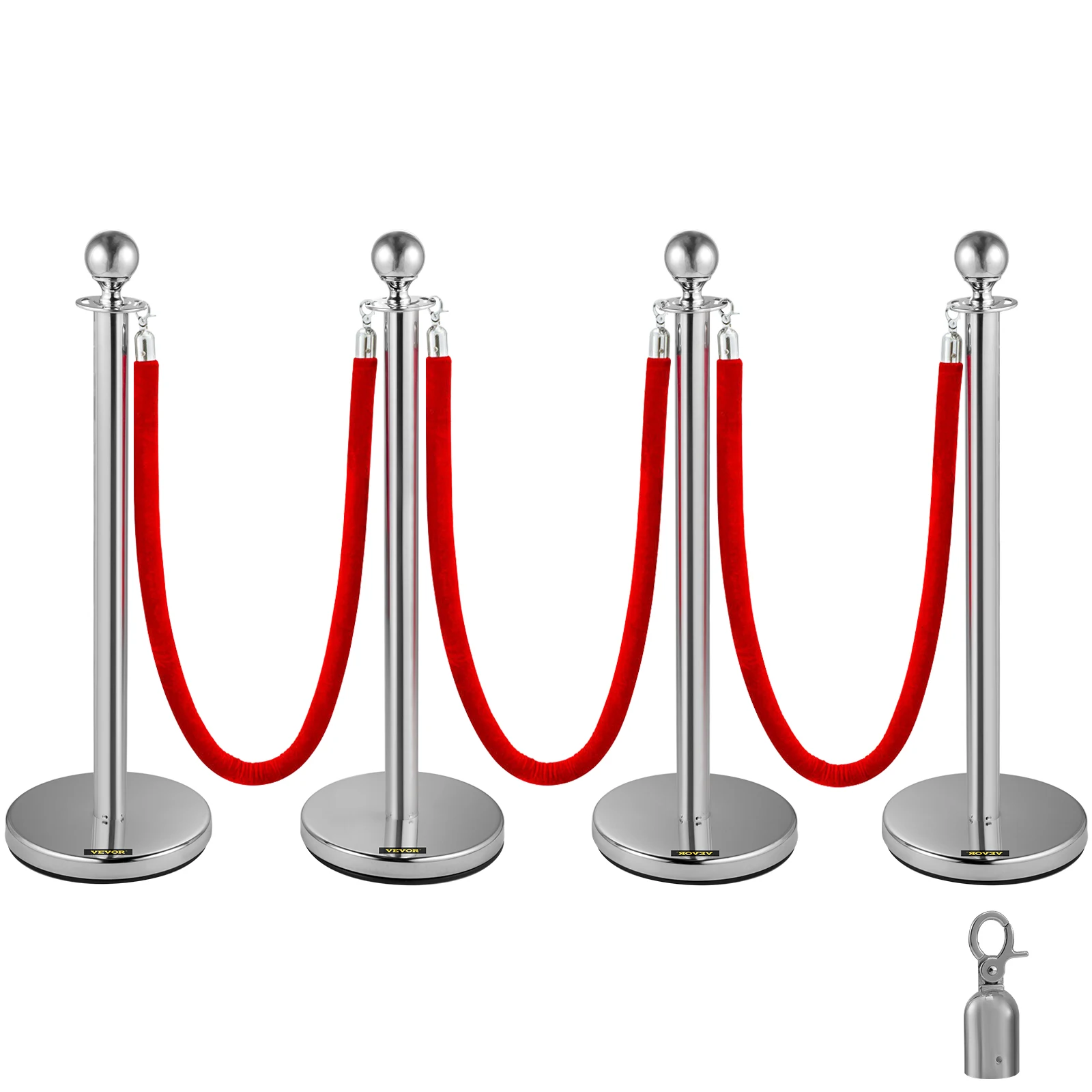 VEVOR Crowd Control Silver Stanchion Set Queue Red Velvet Rope Crowd Control Line Barriers Stanchion for Party Event Supplies