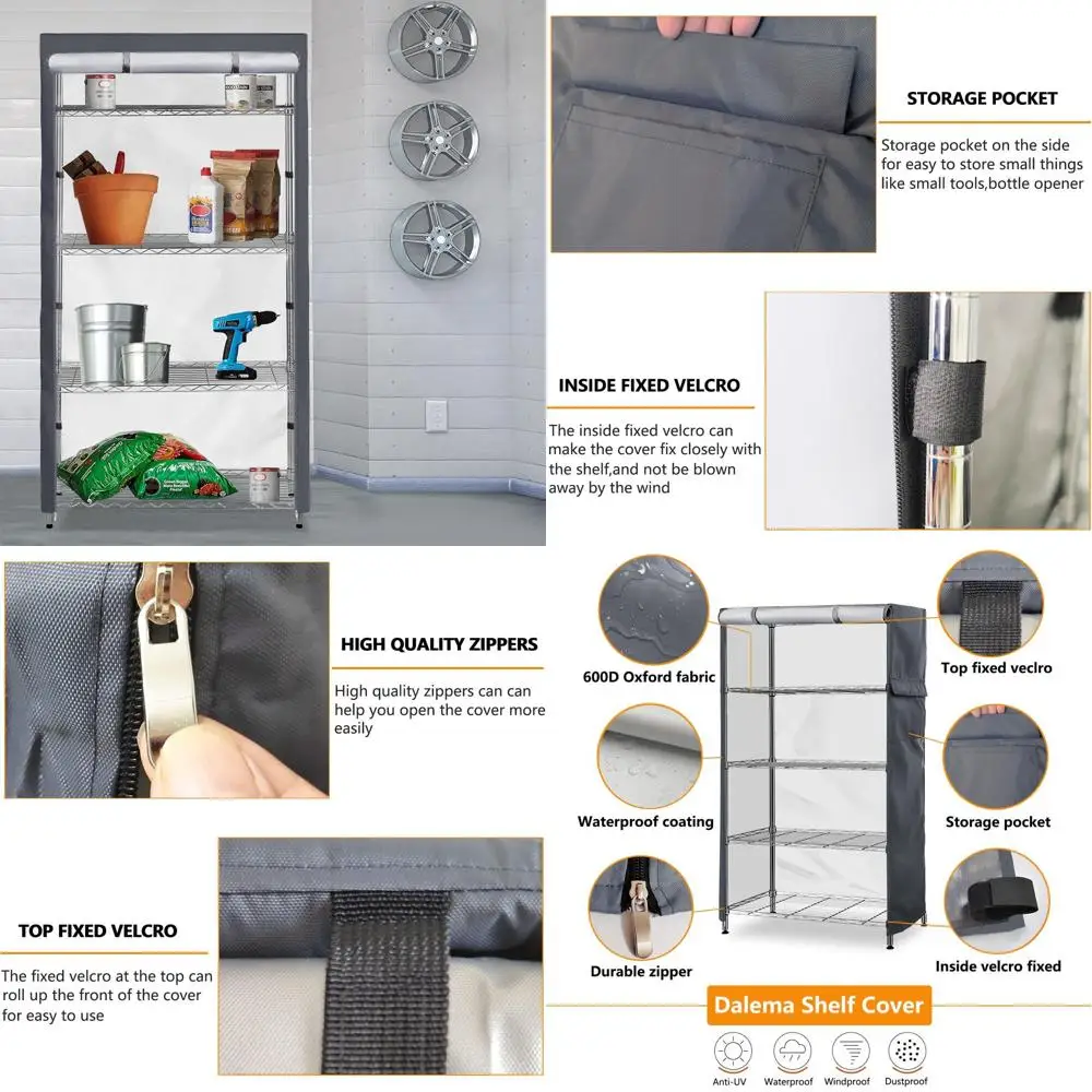 غطاء رف سلكي خارجي مقاوم للماء والغبار باللون الرمادي 600D، غطاء رف تخزين عالي التحمل 36 × 24 × 72 مع سحاب