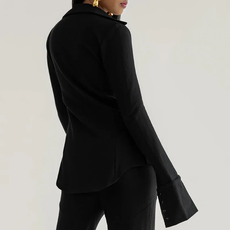 Nova camisa de gola virada para baixo de peito único 2022 outono venda quente moda casual cor-bloco blusa feminina