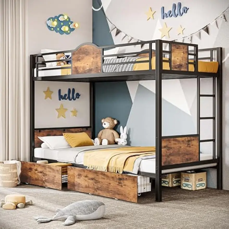 Bunk Bed Twin Over Twin with Ladder and MDF Board Guardrail, Twin Bunk Beds with 2 Storage Drawers, Space-Saving, Noise Free