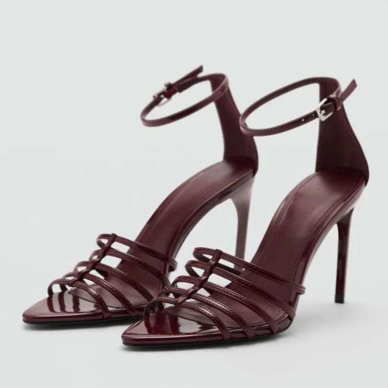 

Elegant Burgundy Narrow Band High Heel Sandals Women Fashion Ankle Strap Buckle Thin Heel Designer Shoes Sexy Zapatos De Mujer