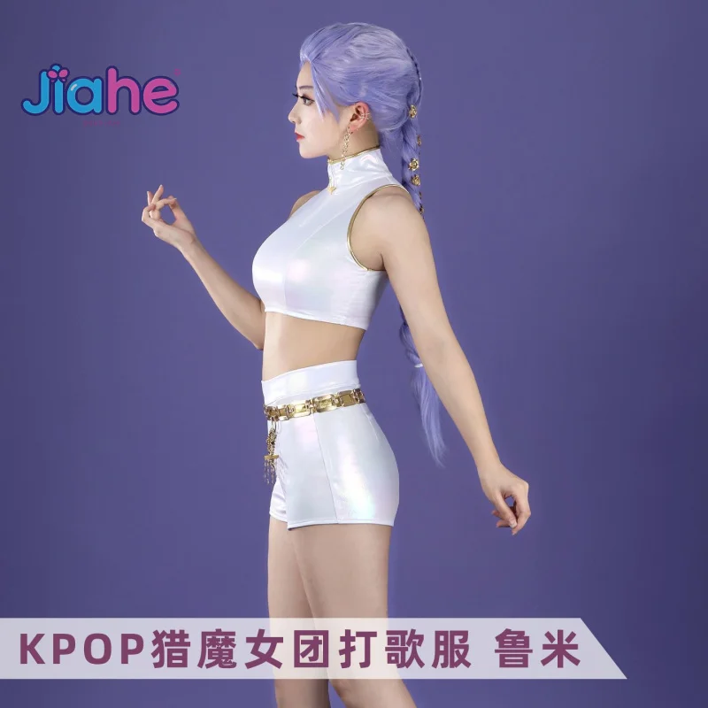 ルミ-huntr-x-ルミ-kpop-デーモンハンターズ-コスプレ衣装-ホワイトレザートップショーツ-ウエストチェーンイヤリング付き-ハロウィンセクシー-ルミセット