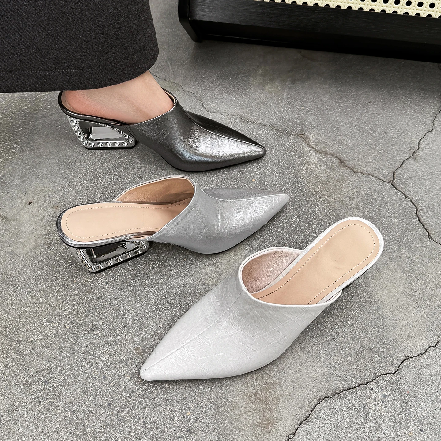 2026 new summer women sandals natural leather 22-24.5cm cowhide+sheepskin+pigskin pointed toe mules high heel women slippers