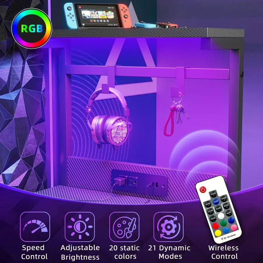 Gaming Desk 40 inch with Power Outlet and LED Light, Computer Desk with Reversible Shelves and Storage Drawer, Small PC Desk fo