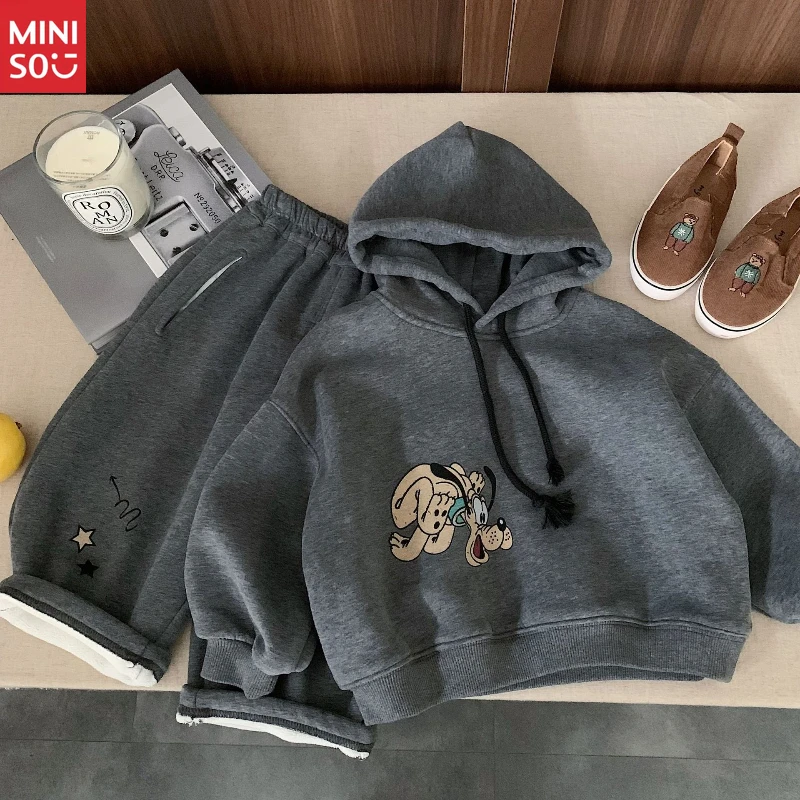 

Miniso Kids Winter Fleece Set, Unisex Hooded Cartoon Print Two-Piece, Boys & Girls Loungewear