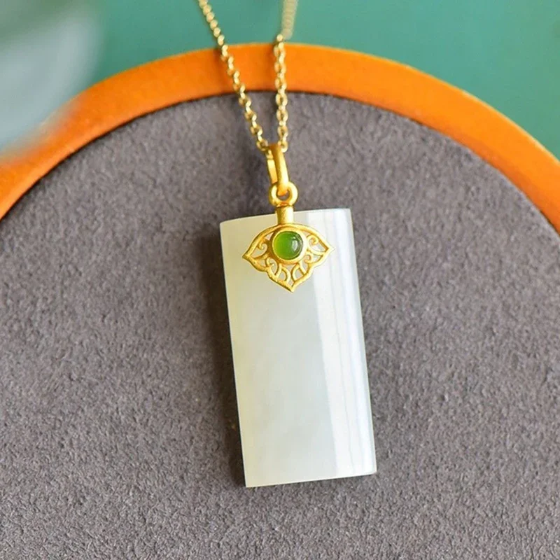 Ancient gold craft inlaid natural Hetian white jade necklace pendant exquisite light luxury women's custom new in jewelry