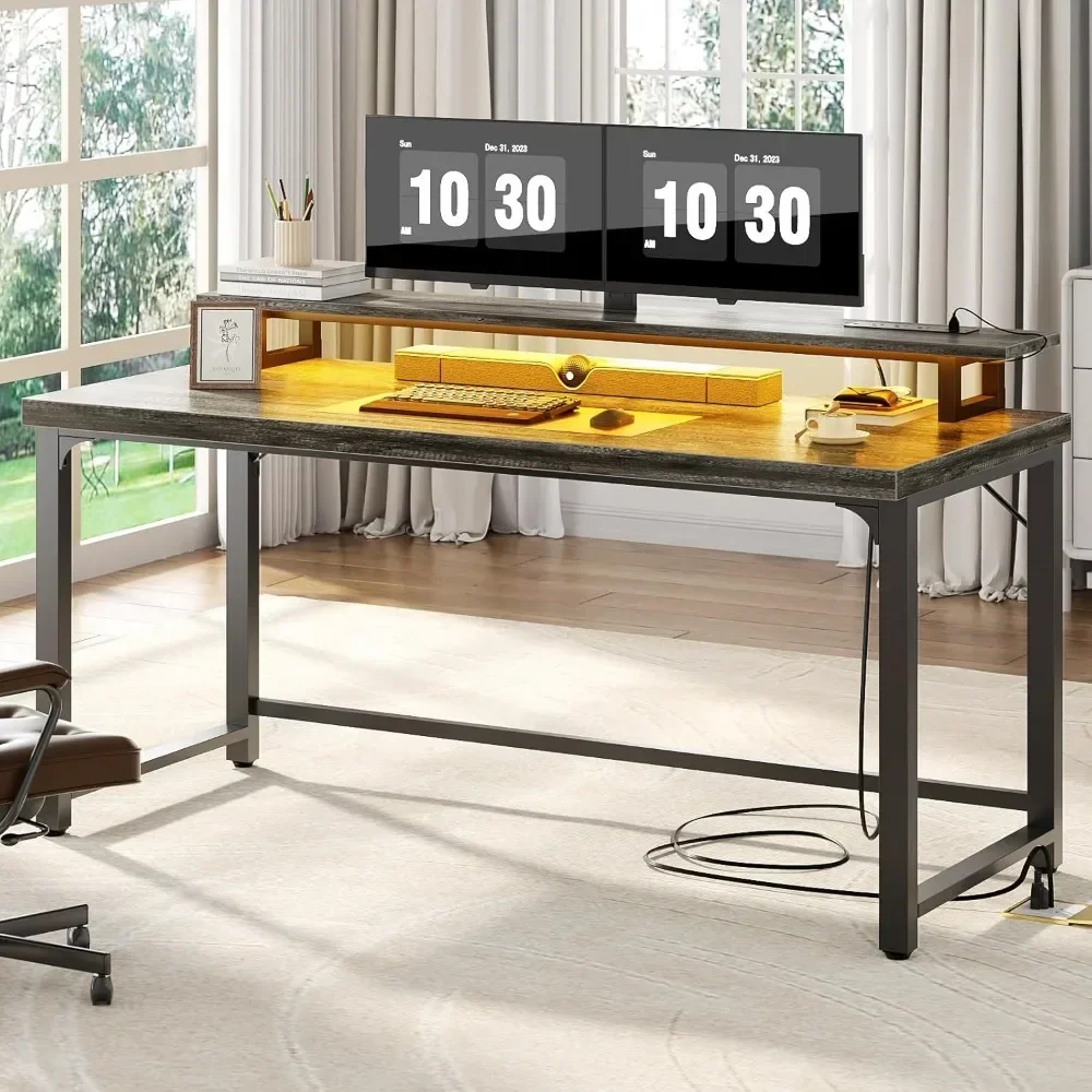 55 Inch Computer Desk with Socket and LED Light, Thickened Home Office Desk, Writing Study Gaming Table with Storage, Modern