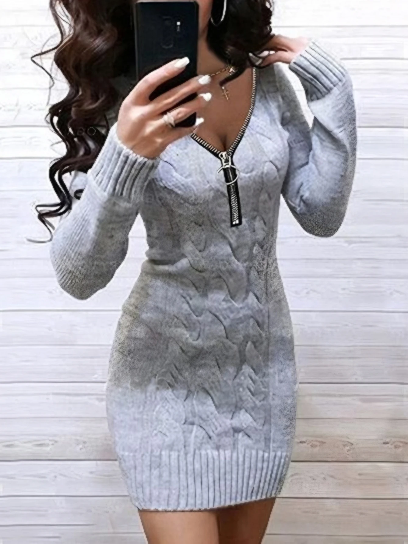 Damska wygodna sukienka codzienna z długim rękawem, dekoltem w serek, jednolita, jesienno-zimowa, z podkreśloną talią i oddzielnym zamkiem błyskawicznym.