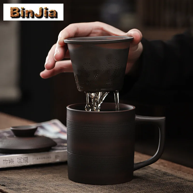 360ml Chinese Qingxi Purple Pottery Office Cup Filter Inner Liner Water Tea Separation Mug Handamde Jump Knife Personal Gift