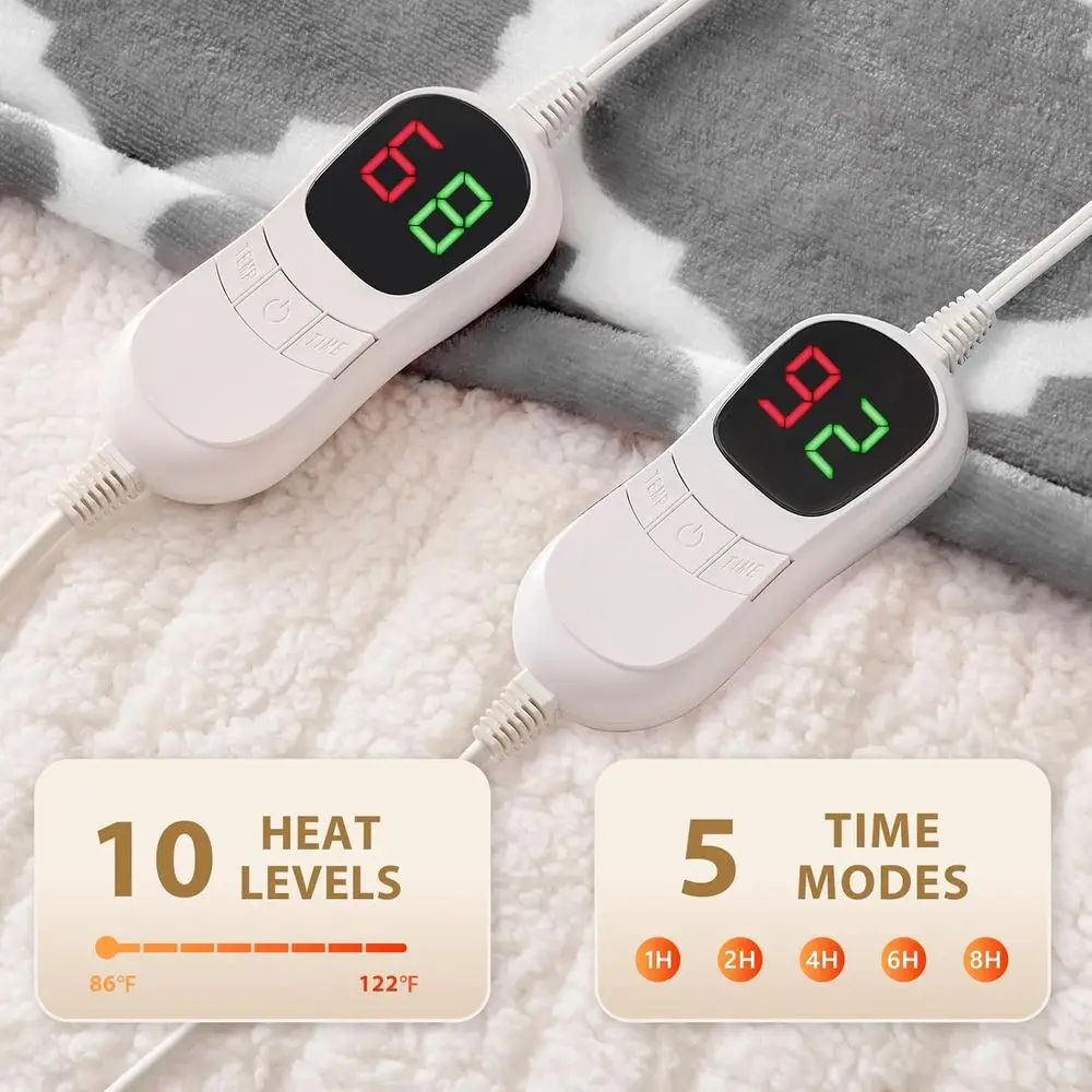 بطانية كهربائية بحجم كينج 100 × 90 - 10 مستويات حرارية، إيقاف تلقائي لمدة 8 ساعات، فلانيل ناعم، حماية من الحرارة الزائدة، معتمدة من ETL