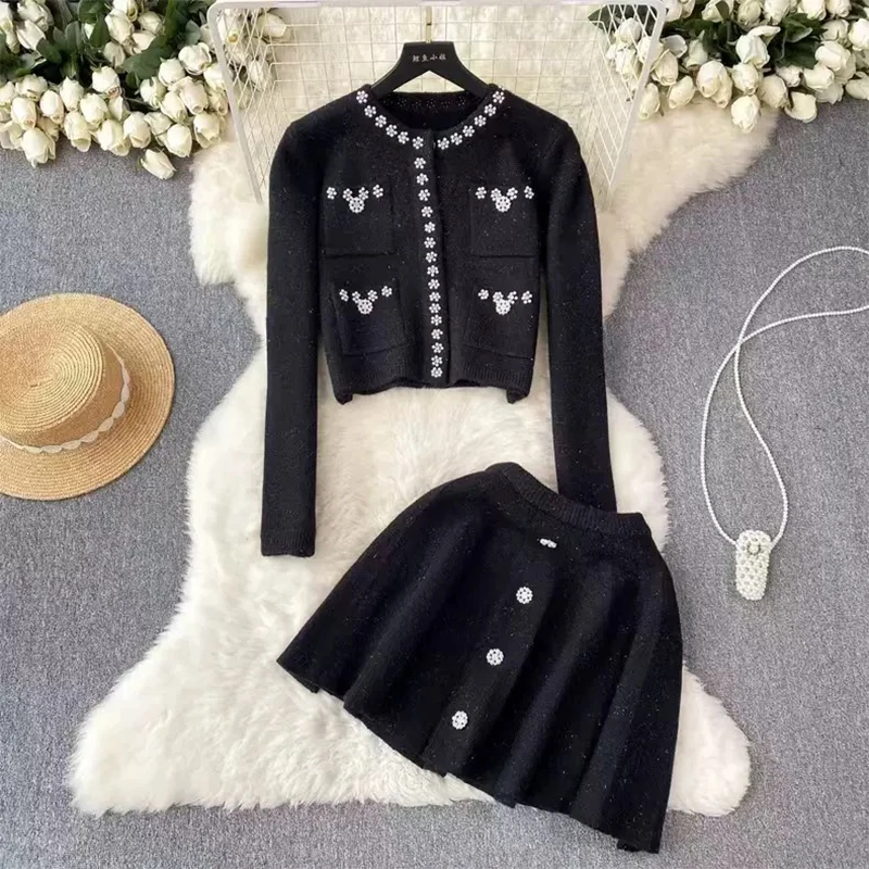 Autumn Women\'s Korean Version Fashion Design Sense Small Fragrance Style 2-Piece Set Elegant Sequin jacket Purple Half Skirt Set