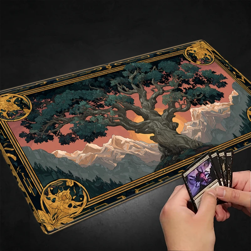 Golden frame sacred tree design pattern TCG/CCG card game pad,suitable for collectible card games individual battle competitions