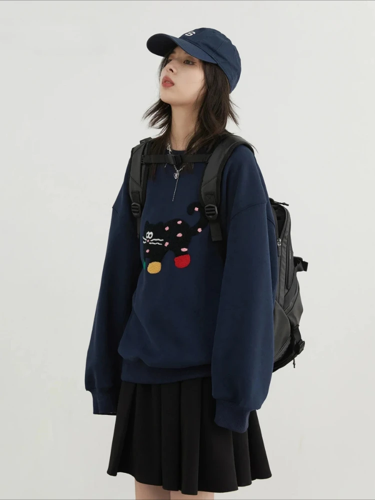 CHIC VEN Women Sweatshirts Korean Casual Loose O-Neck Cat Cartoon Embroidery Pullovers Female Clothing Autumn Winter New 2025