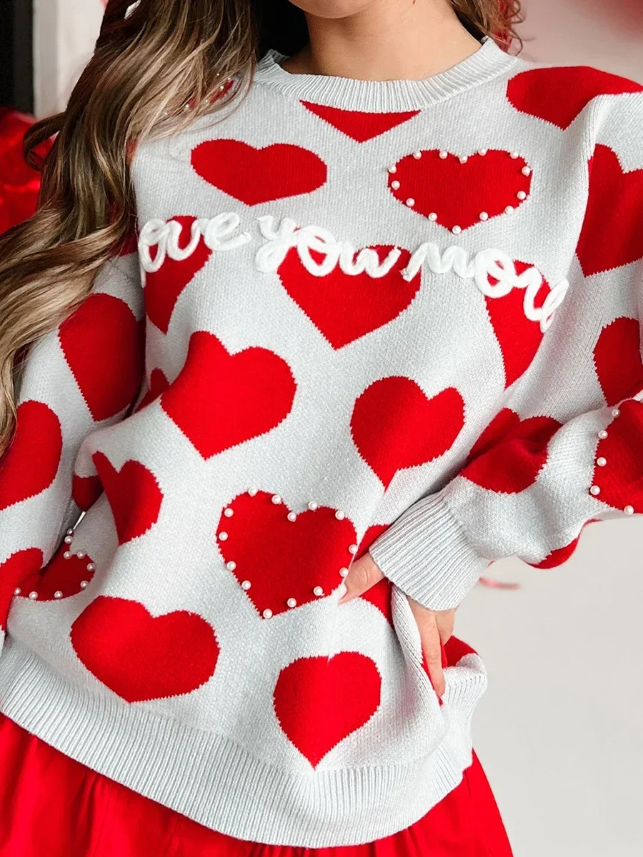 Women Heart Print Knit Swearer Romantic Oversized Baggy Fuzzy Round Neck Long Sleeve Pullover Autumn Winter Harajuku Outerwear