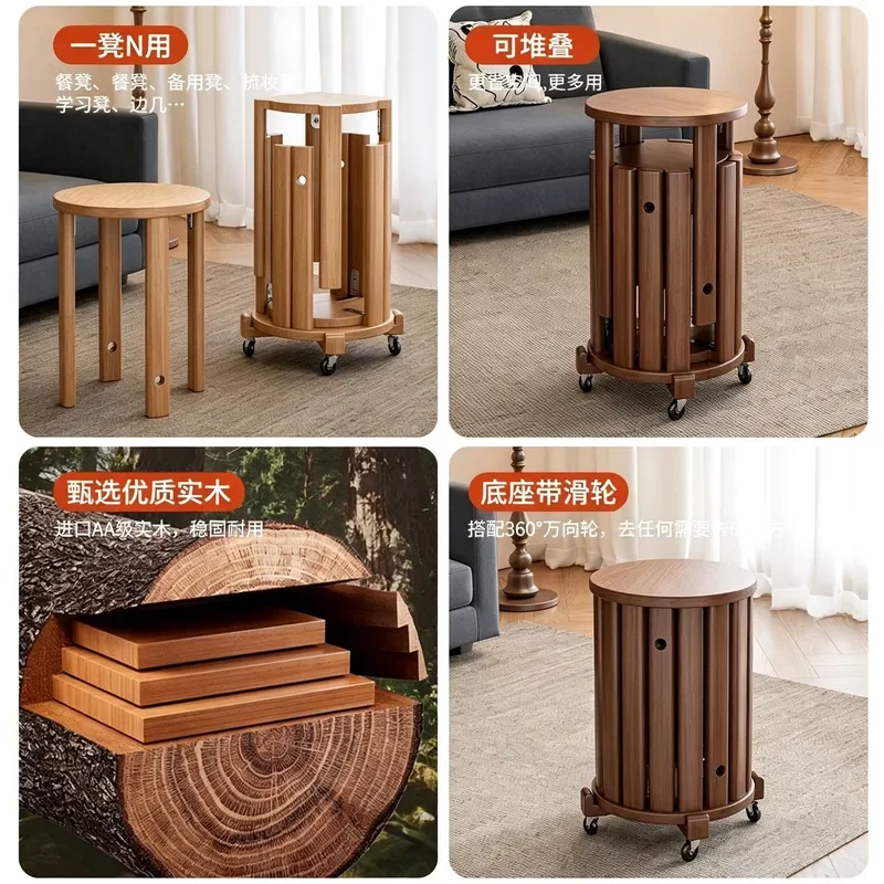 Solid Wood Stool Household Sturdy Stackable Round Seat Music Dining Table Spare Chair Durable Multi Purpose Combination