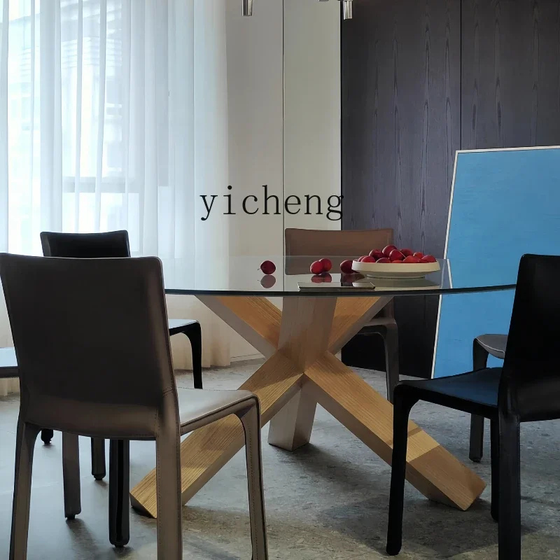 

V6 minimalist ash wood base round dining table flat floor villa living room tempered glass coffee table
