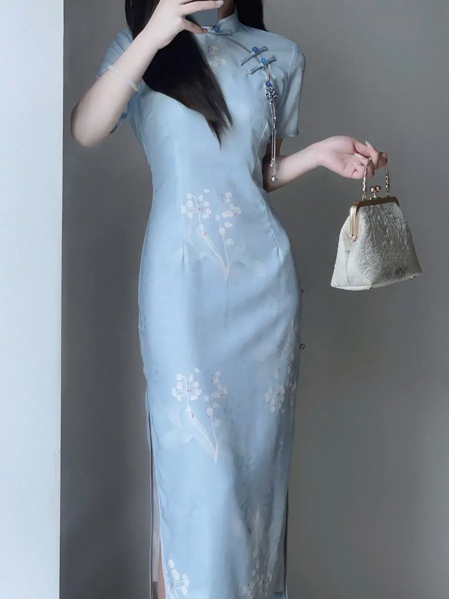 2023 Summer Cheongsam Improved Elegant Qipao Daily Slim Fit Blue Gentle Comfortable Qipao Long Vintage Dress