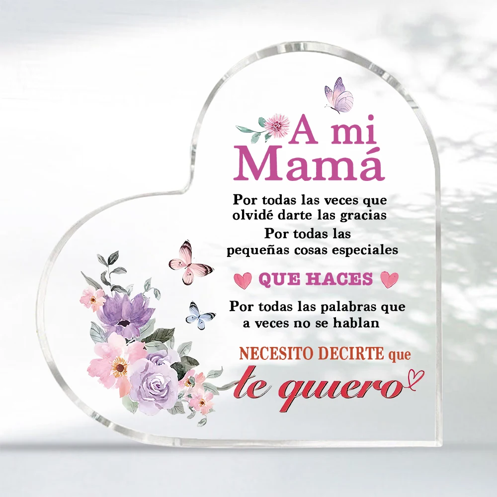 Heart Acrylic Plaque A mi Mamá Spanish Floral Butterfly Mother's Day Gift,Clear Heart Acrylic Sign Purple Flower Butterfly Mom Appreciation Desk Decor
