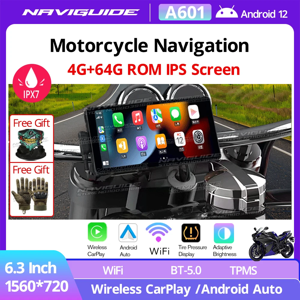 

NAVIGUIDE A601 6.3 Inch Android12 4G+64G Wireless Carplay Auto Motorcycle Navigation Waterproof Portable Screen Moto Monitor BT