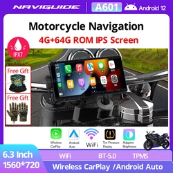 NAVIGUIDE A601 6.3 Inch Android12 4G+64G Wireless Carplay Auto Motorcycle Navigation Waterproof Portable Screen Moto Monitor BT