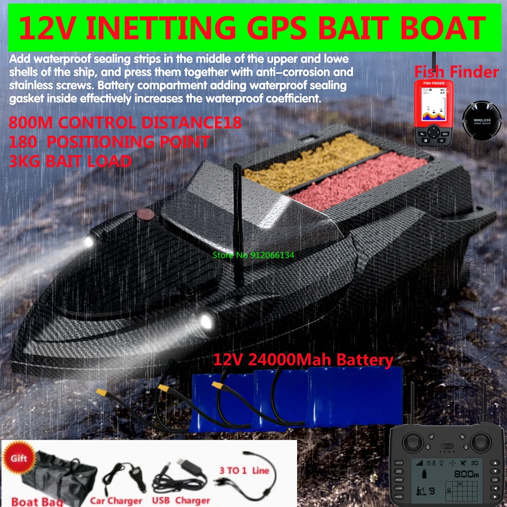 Large 12V 800M 180 Point GPS Auto Return Remote Control Bait Boat 3KG Load Sonar Fish Finder 4.3In Display RC Fishing Bait  Boat