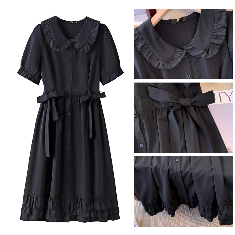 Plus size women\'s summer casual dress Black polyester fabric loose comfortable bow decoration waist waist MIDI elegant fashion