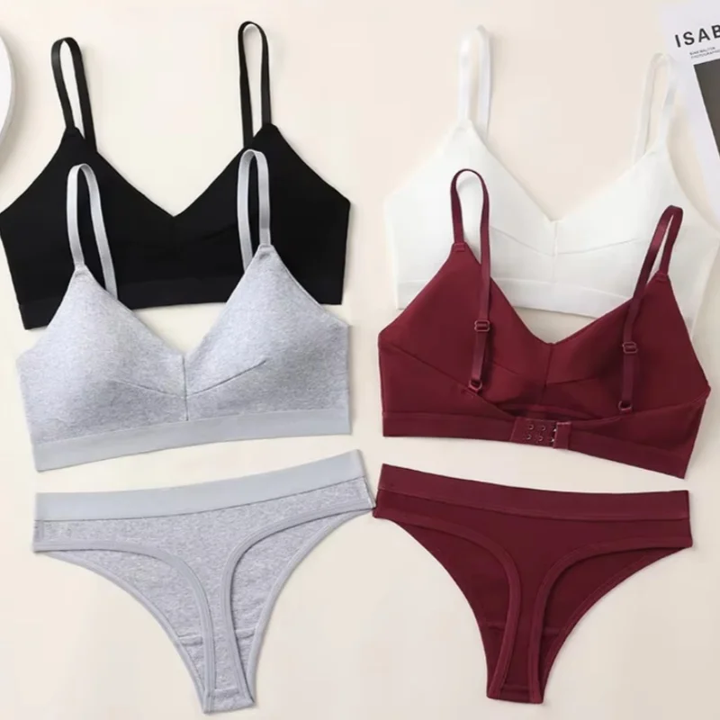 Comfort Cotton Bra Panties Set Women Push-Up Bra Low Waist Thongs Sports Underwear Sexy Lingerie Set Female T-Back Intimates