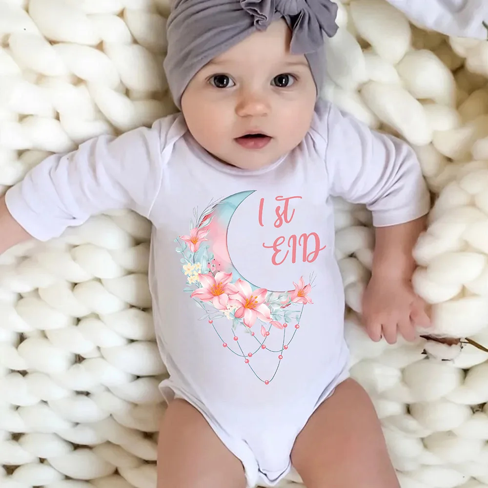 

My First Eid&Moon Pattern Print Baby Bodysuit Girls Infant Crew Neck Romper Long Sleeve Warm Newborn Jumpsuit Eid Gift To Babys